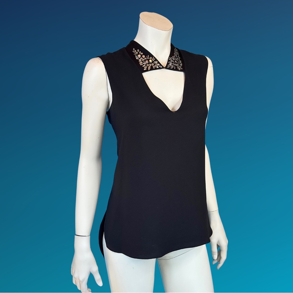BCBG Black Sleeveless Deep V CRYSTAL Embellished Blouse S